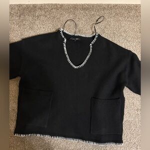 Papermoon Black V-Neck Sweater with White Accents